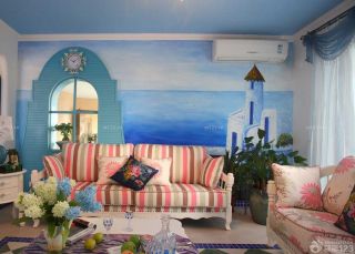 家装地中海风格三室一厅客厅窗帘装修设计图片 