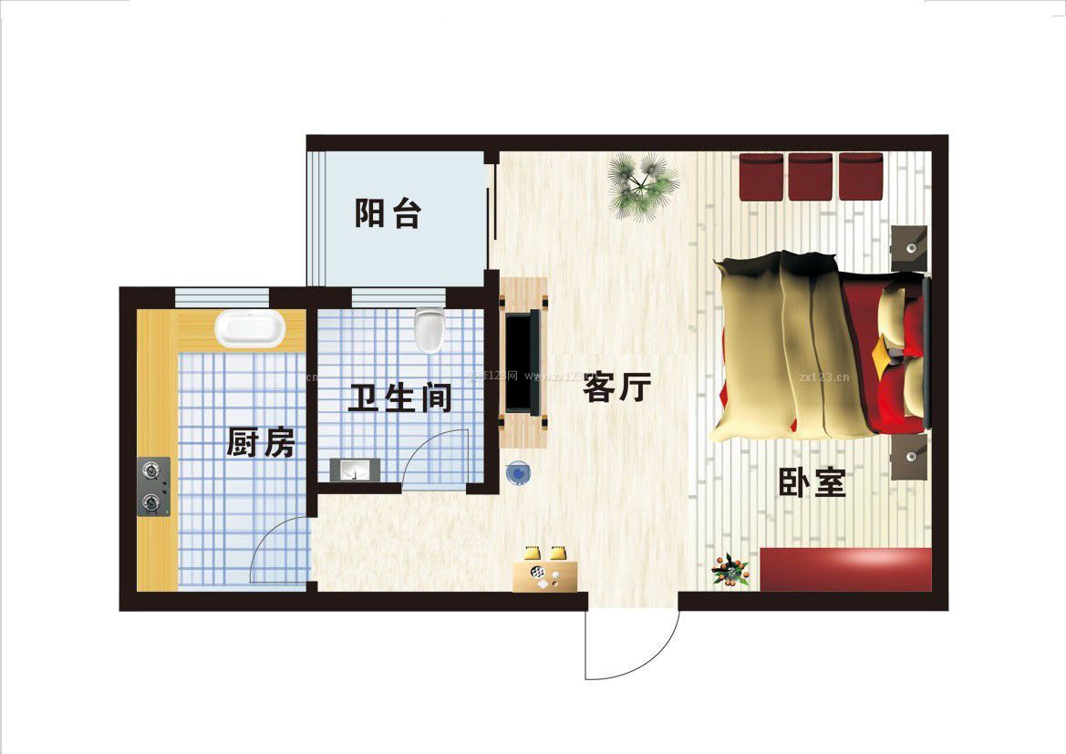 自建房屋56平方一室一厅户型图设计案例
