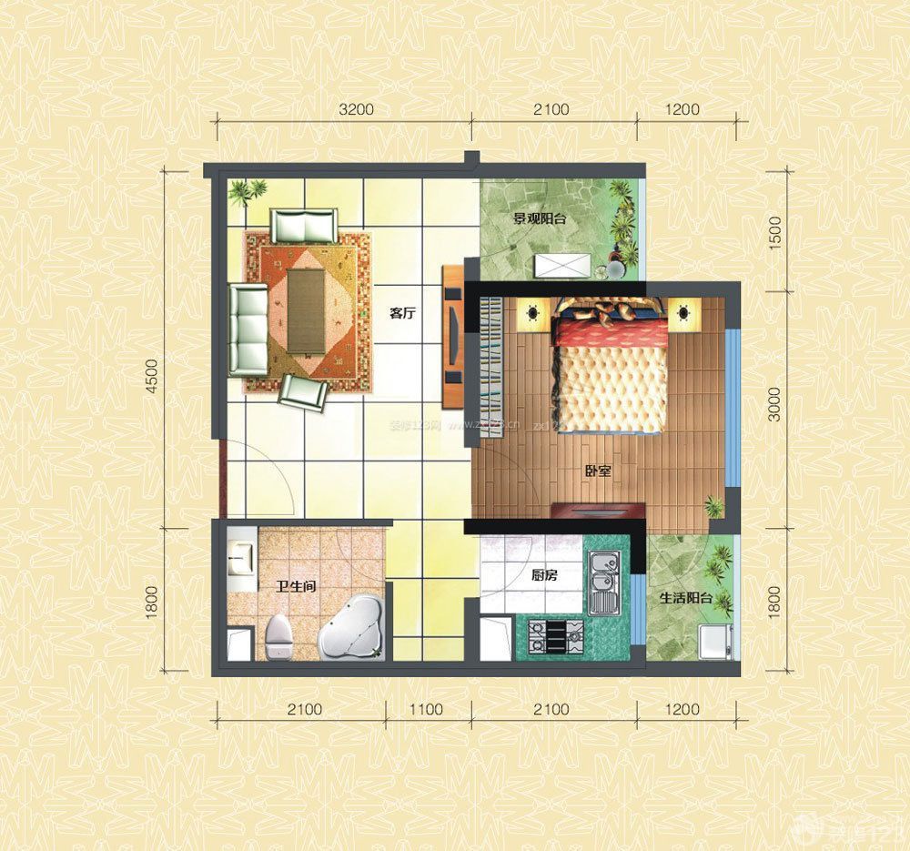 经典小户型自建房56平方一室一厅户型图设计案例_装修