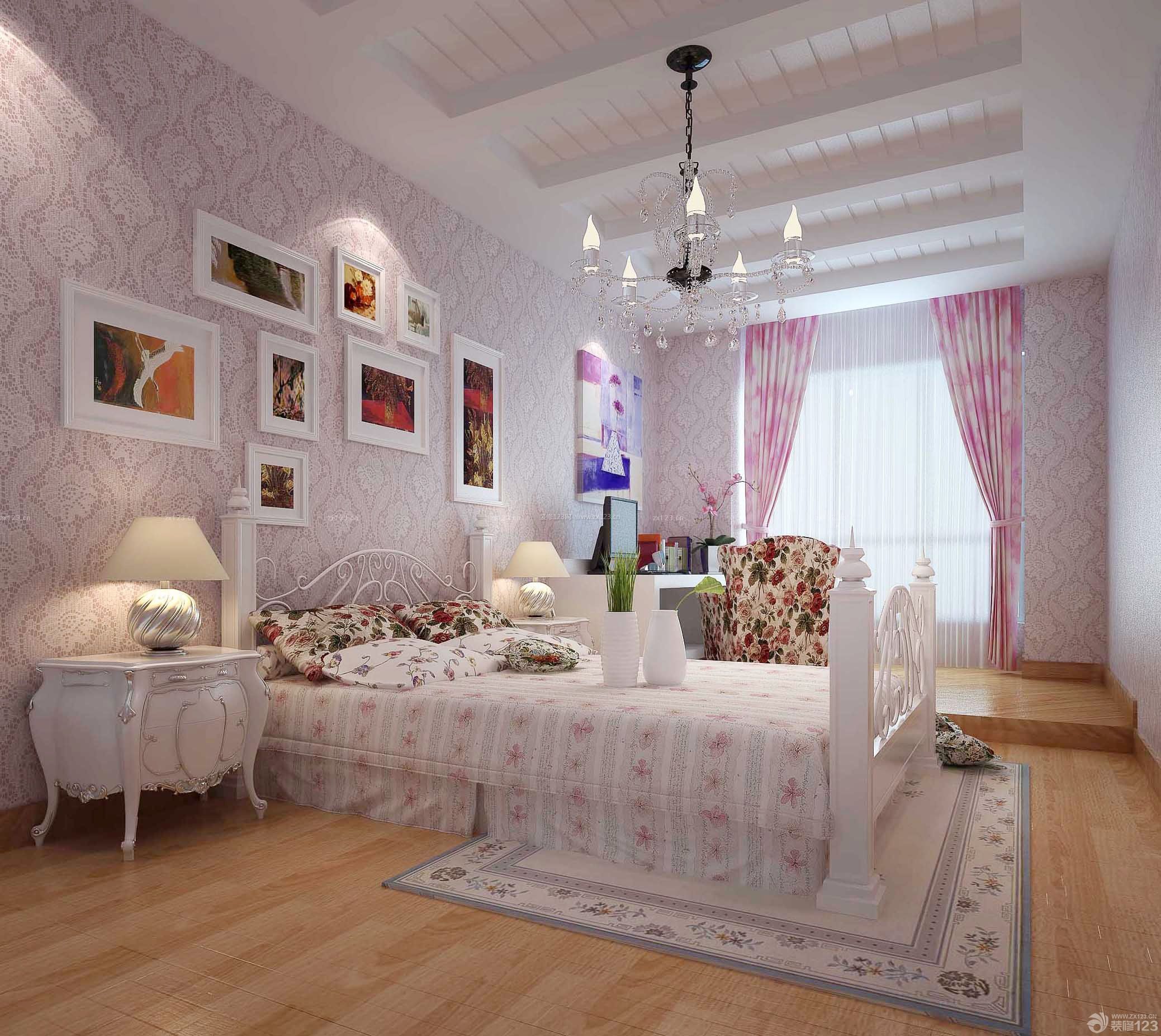 长方形卧室粉色窗帘装饰图