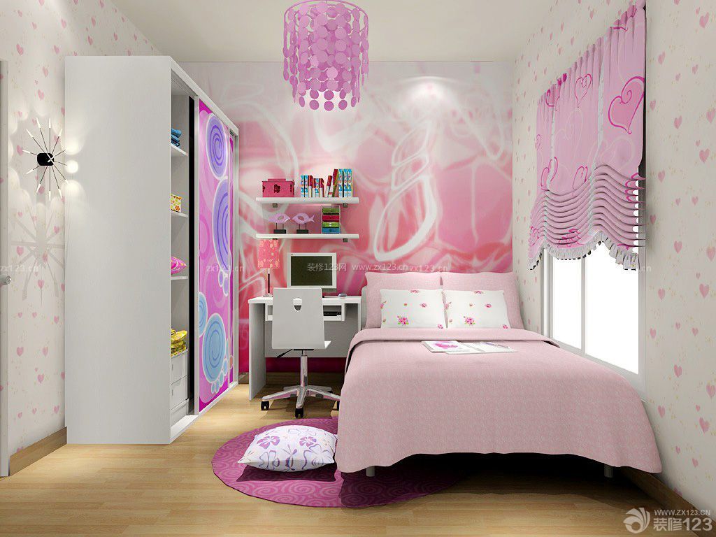 可爱的儿童房粉色窗帘设计图片