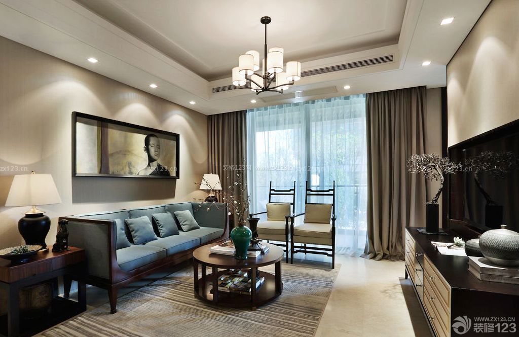 中式客厅纯色窗帘装修设计图 