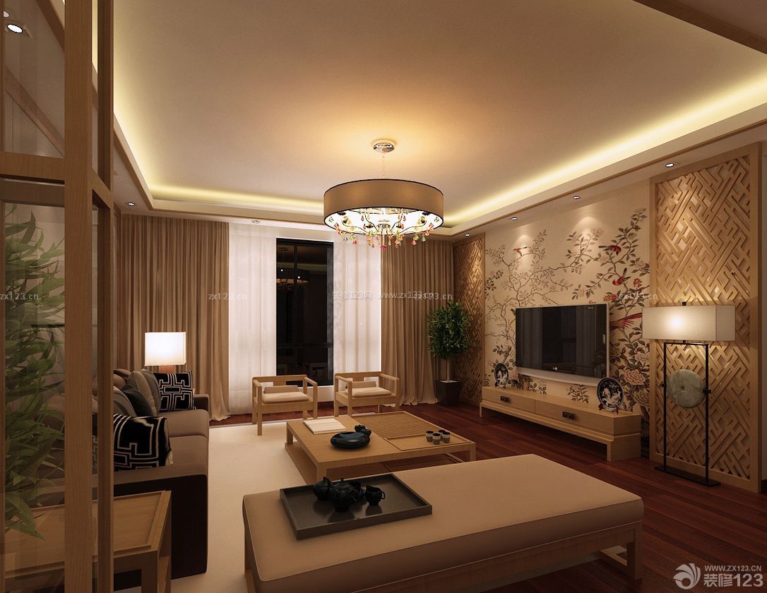私人别墅中式客厅窗帘装修效果图 