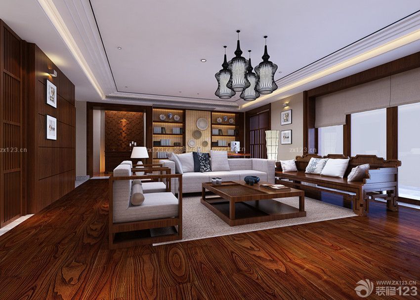 新中式风格客厅实木博古架设计案例