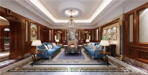 美式风格客厅蓝色沙发摆放案例