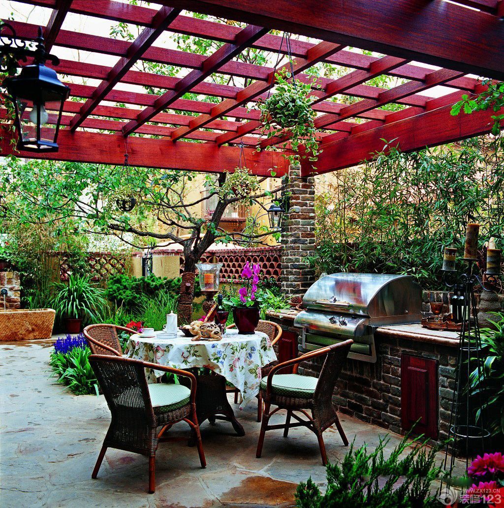 美式小别墅庭院雨棚景观设计效果图