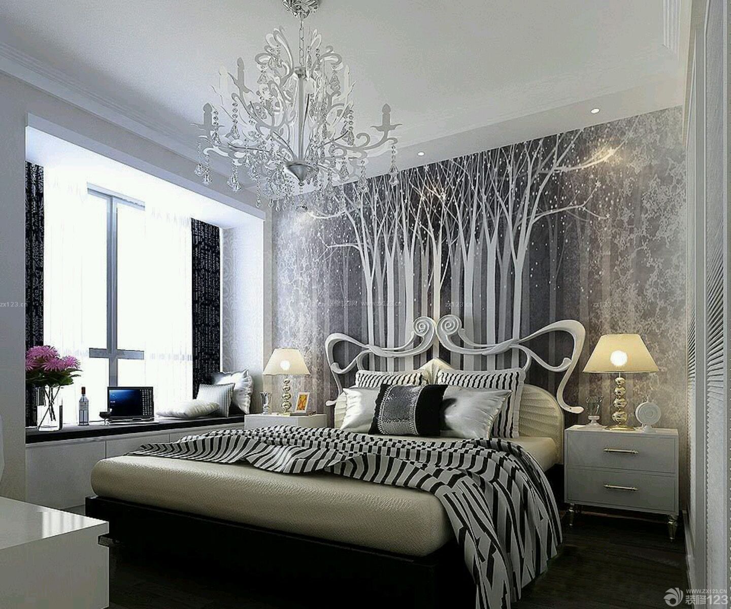 现代简约风格卧室银色墙面装饰图片欣赏_装修123效果图