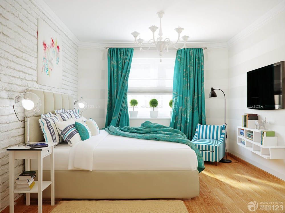 现代简约卧室飘窗青色窗帘装修实景图