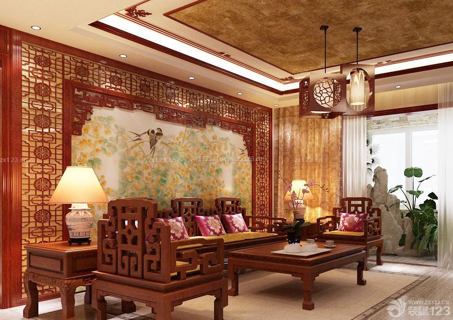 最新中式小客厅窗帘装饰图片
