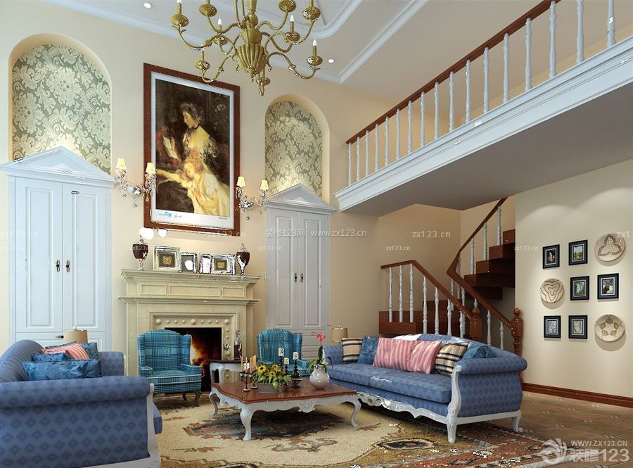 美式家装100平米复式楼组合沙发摆放图