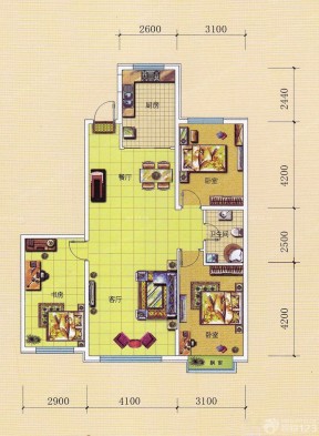 美式乡村风格120三室一厅平面图设计