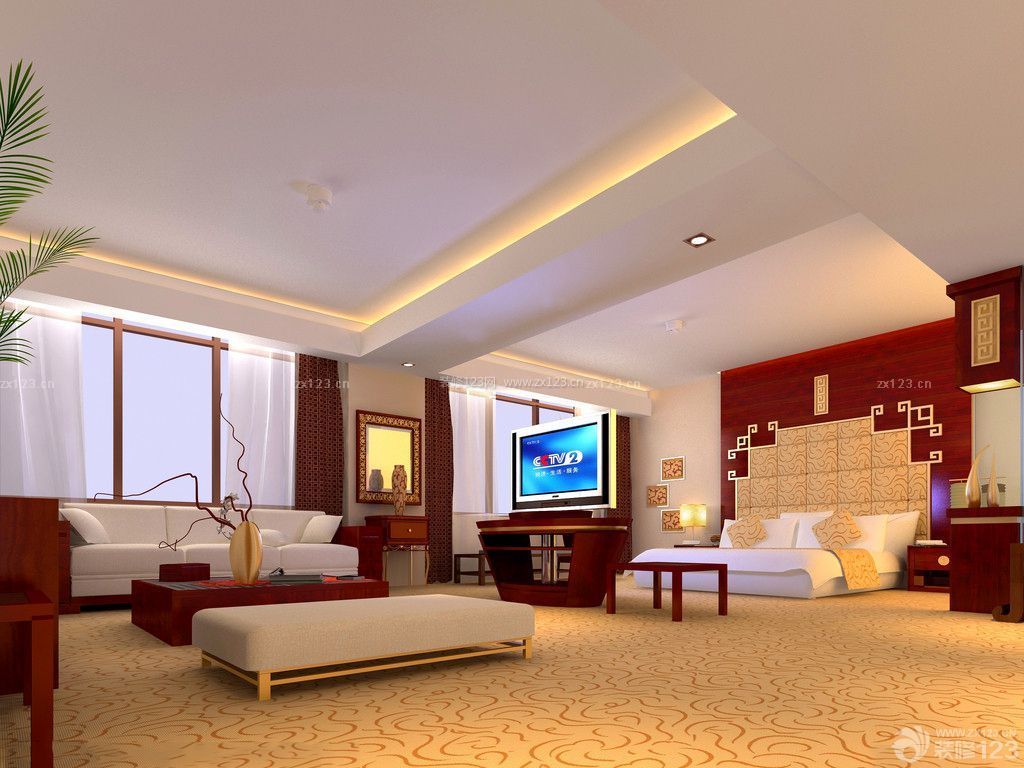 新中式120房屋客厅卧室一体装修效果图