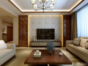 中式风格客厅液晶电视背景墙暗花壁纸装修案例