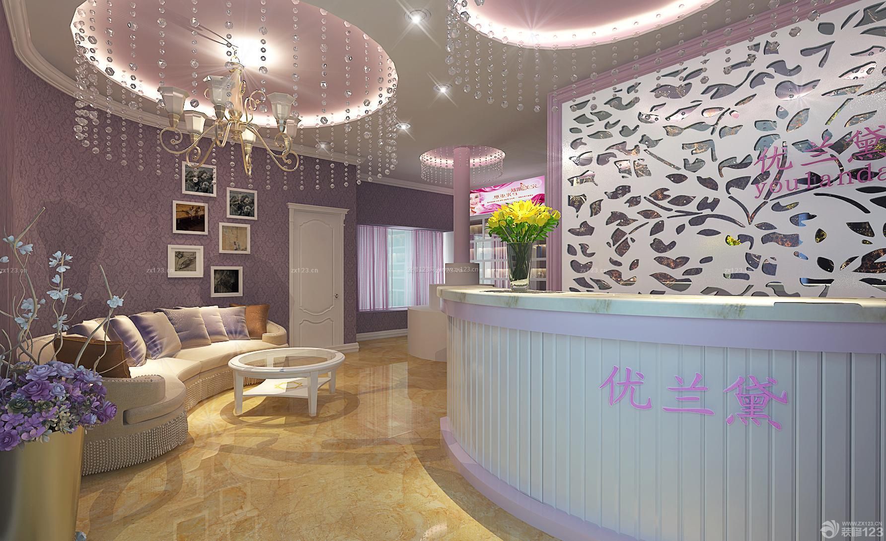 大型美容院紫色墙面装修效果图片