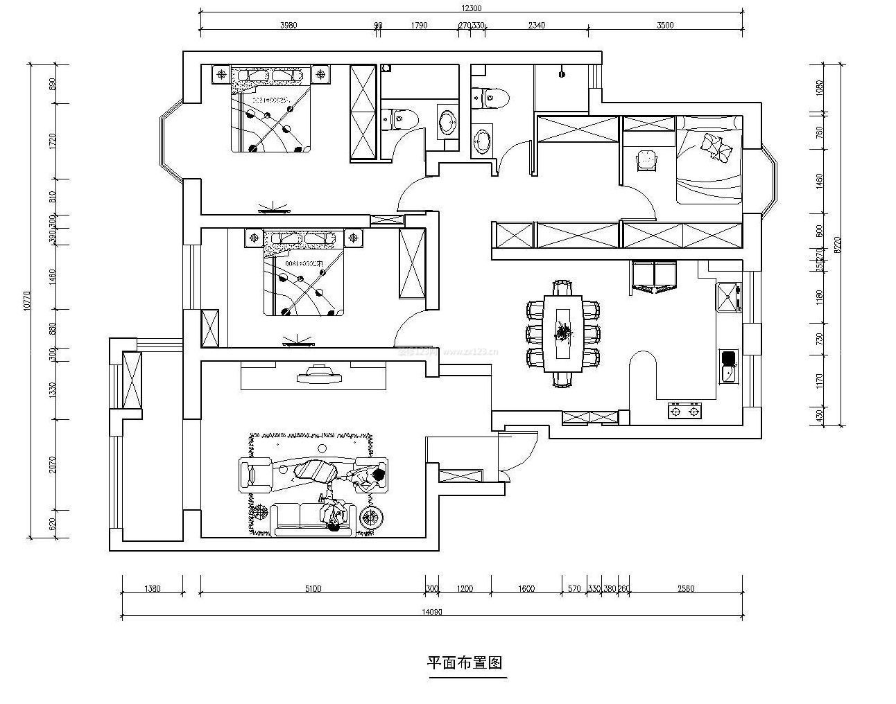 130平米三室二厅户型图装修效果图