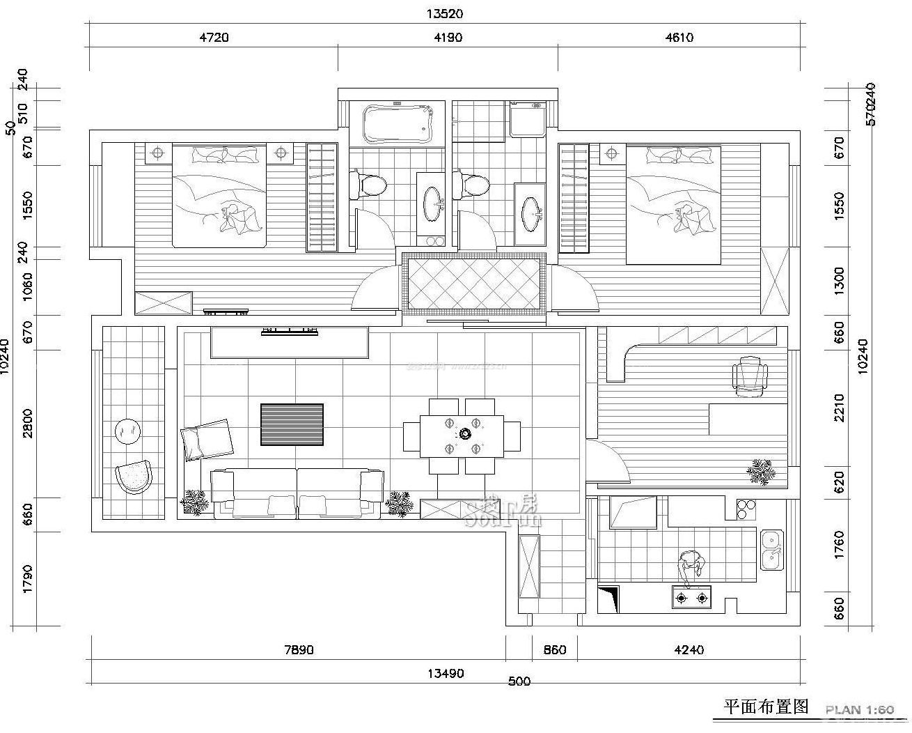 130平米兩室兩廳戶型裝修效果圖2023