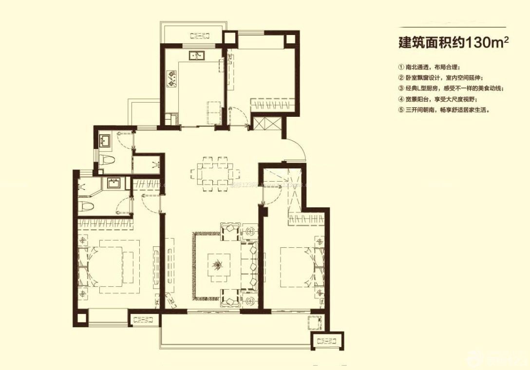 最新130平米三房两厅一卫户型图大全