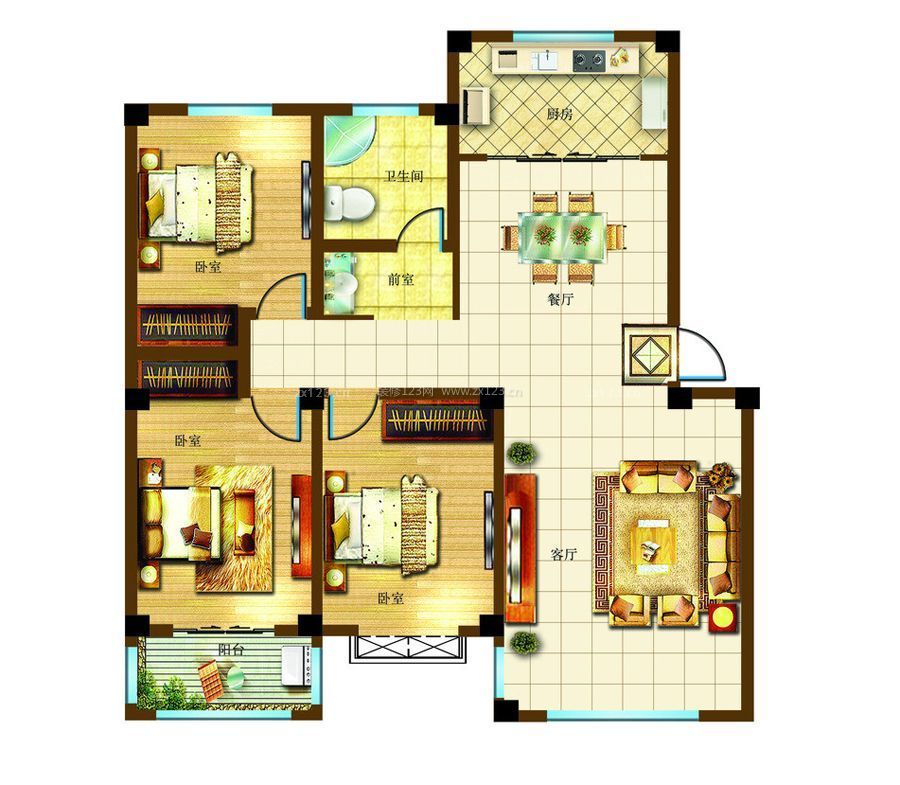 最新100平方三室两厅别墅户型图