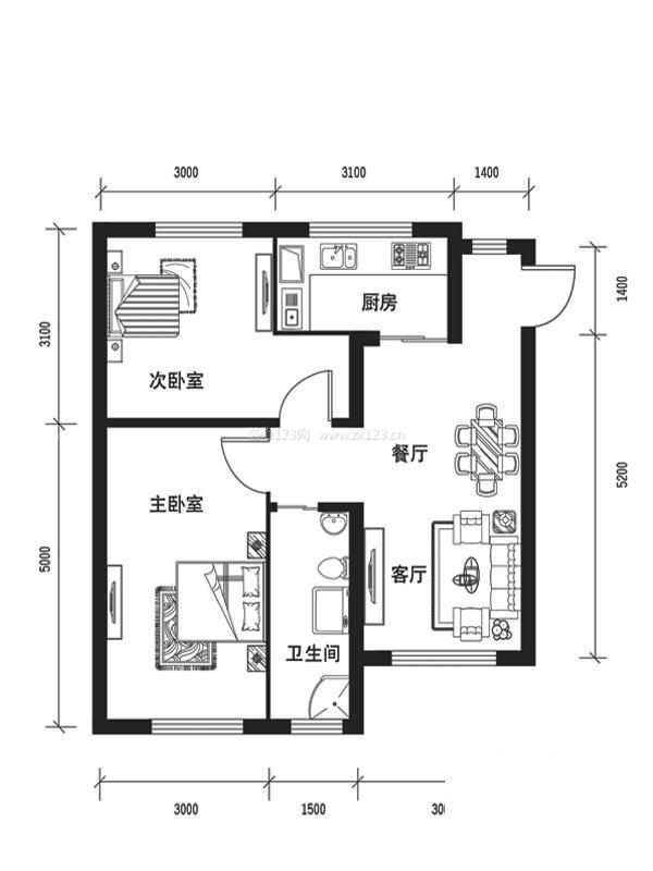 兩房一廳一衛(wèi)80平米小戶型平面圖