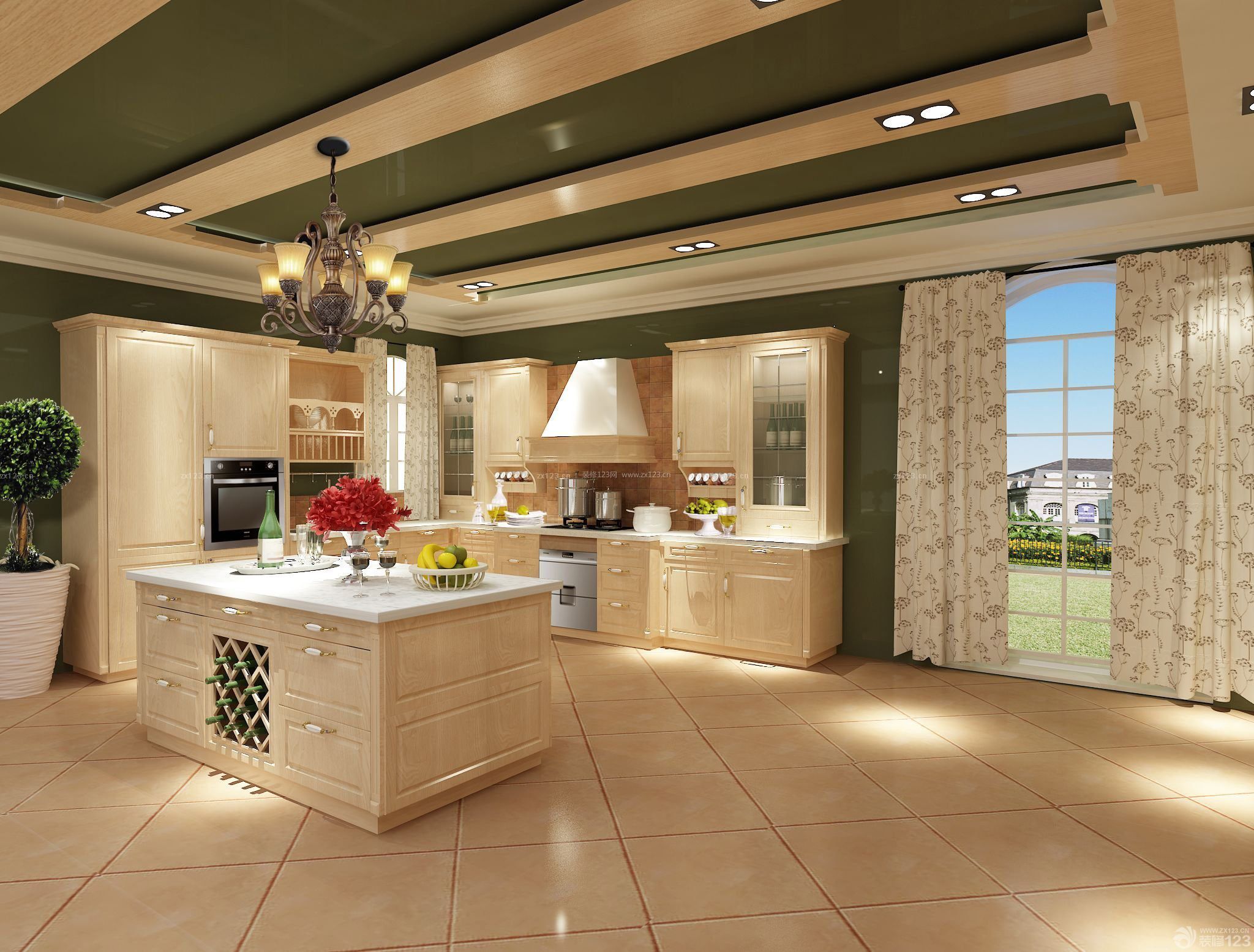 美式厨房实木整体橱柜装修设计效果图
