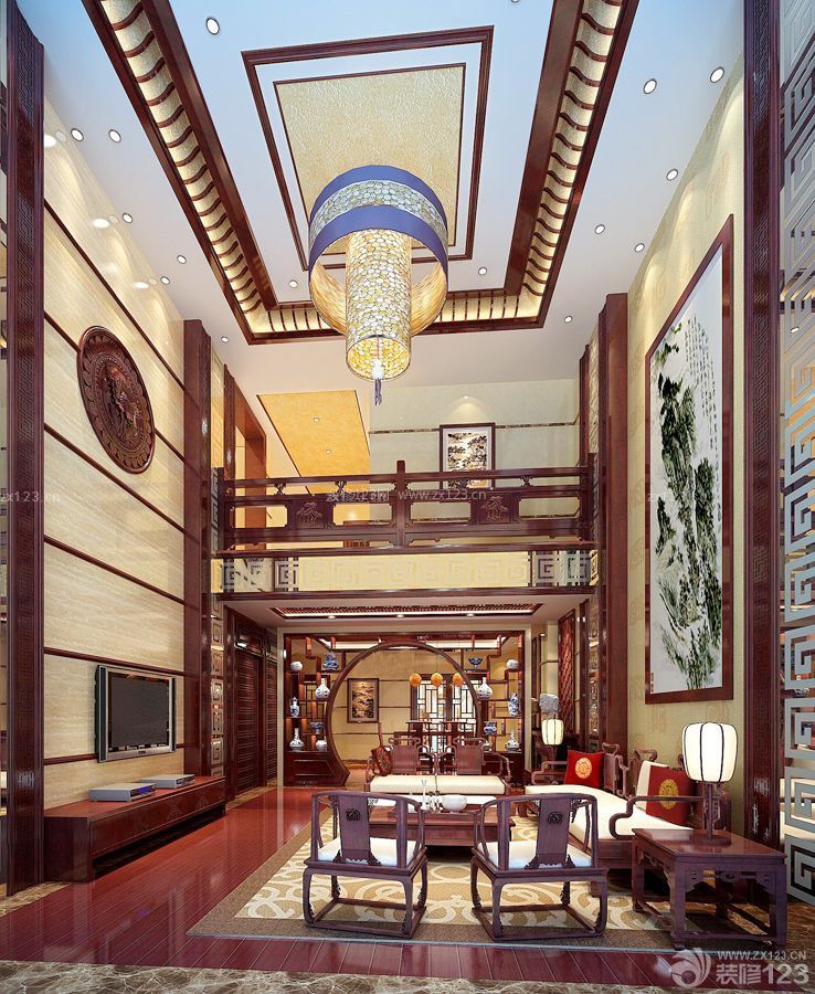 中式风格130平米复式客厅装修图