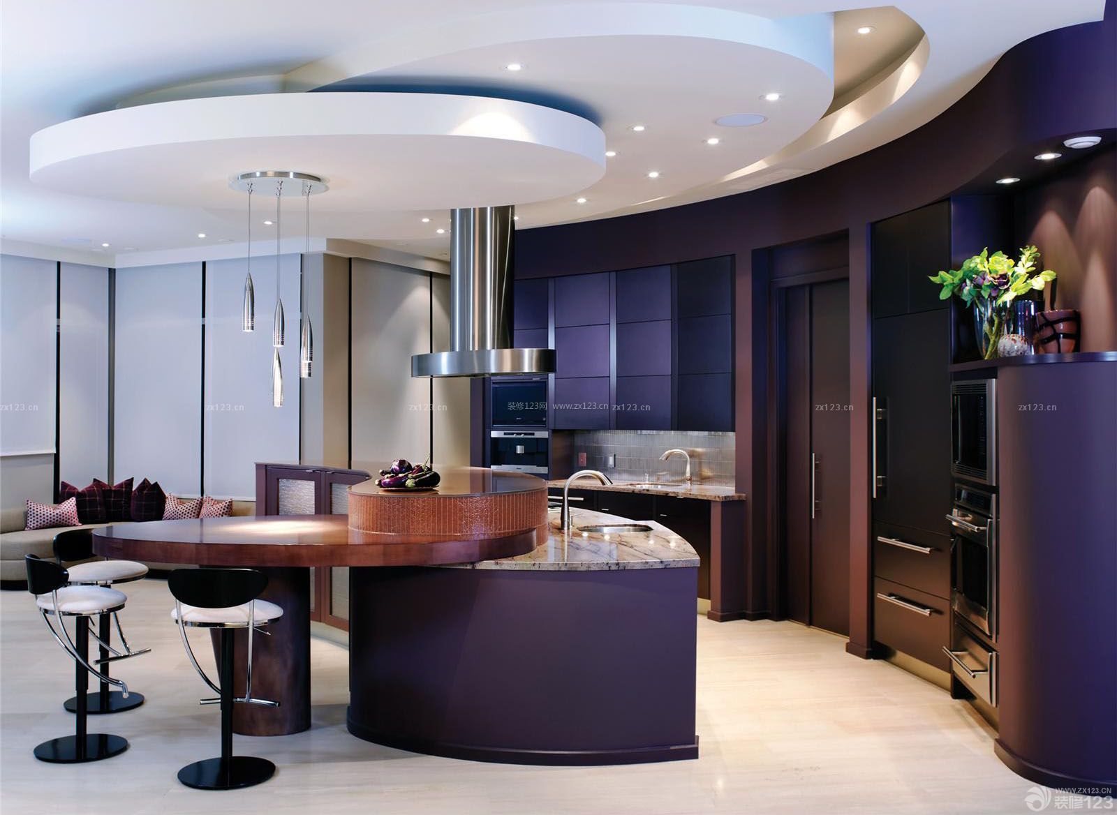 紫色优雅120平米开放式厨房吧台设计效果图