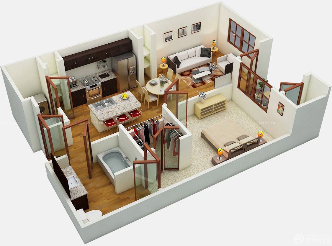 最新120平米农村别墅一室两厅布局3d户型图