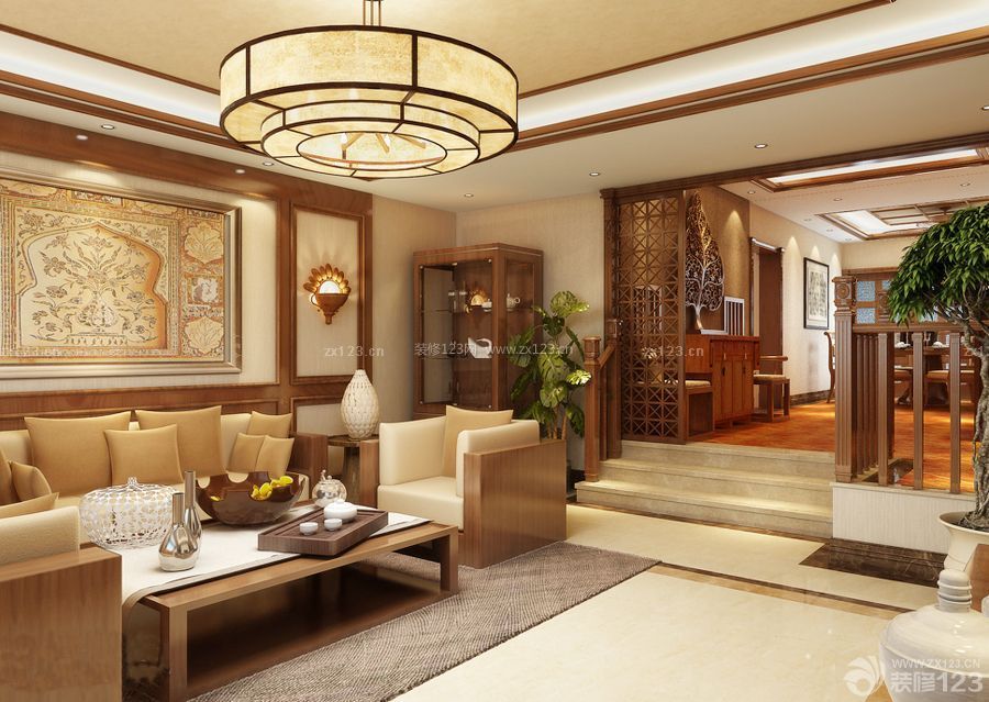 中式家装130平米错层客厅装修效果图