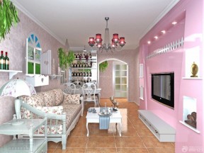 80平米小户型客厅装修效果图 粉色墙面装修效果图片
