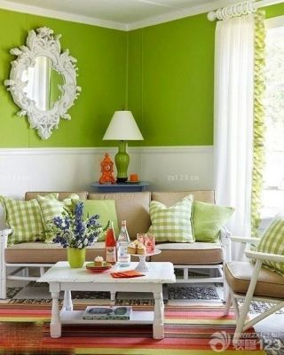 现代田园风格客厅绿色墙面装修效果图片