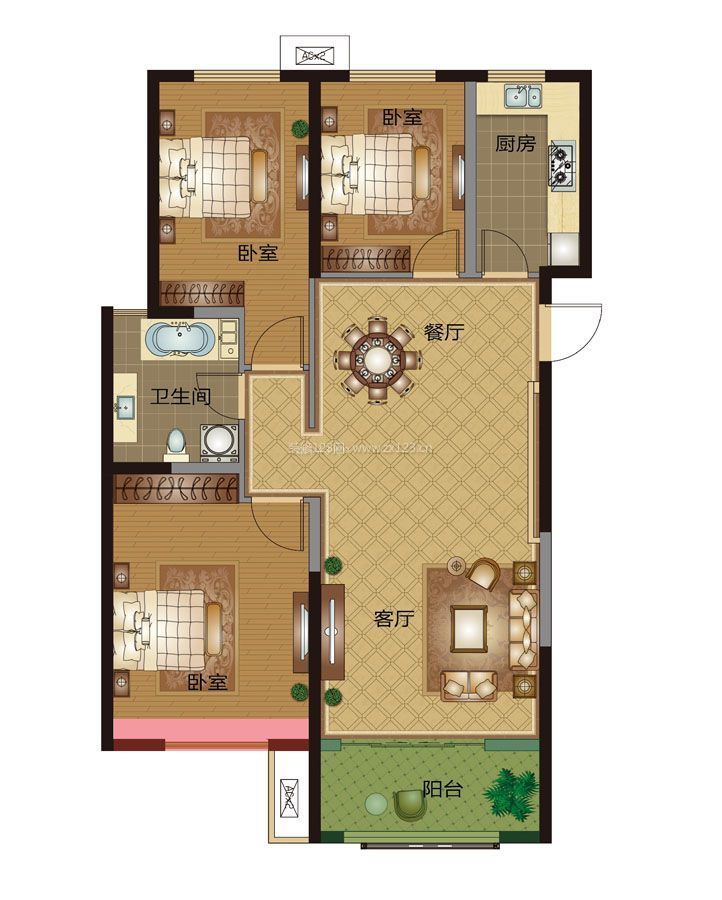 130平米三室兩廳一廚一衛(wèi)別墅戶型圖