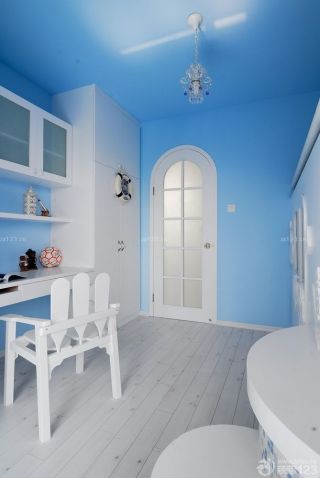 90平地中海风格书房蓝色墙面装修效果图片