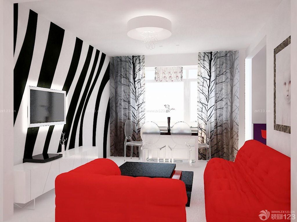 时尚90平方房屋黑白电视背景墙装修效果图