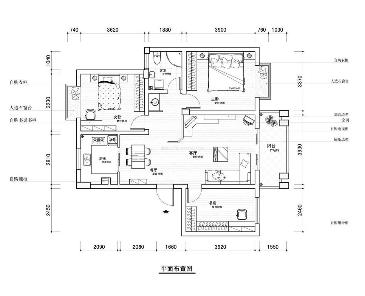 三室兩廳90平米農(nóng)村別墅戶型圖