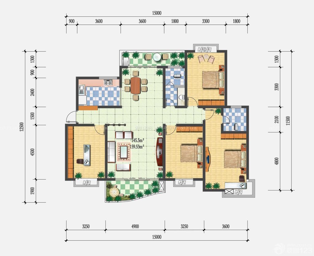 90平米三室一廳房屋室內(nèi)平面設計圖紙