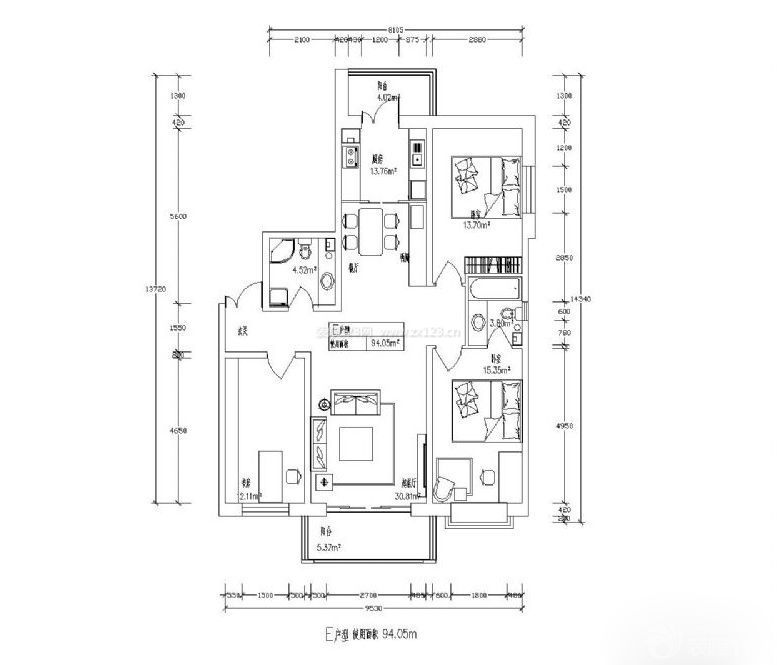 90平米三室一廳平面設(shè)計(jì)圖紙