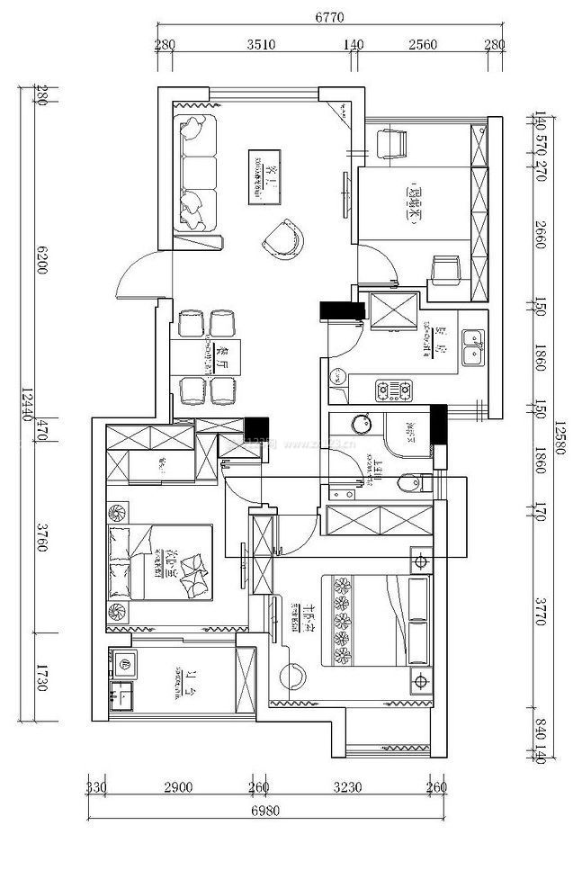 經(jīng)典90平米三室一廳室內(nèi)平面圖