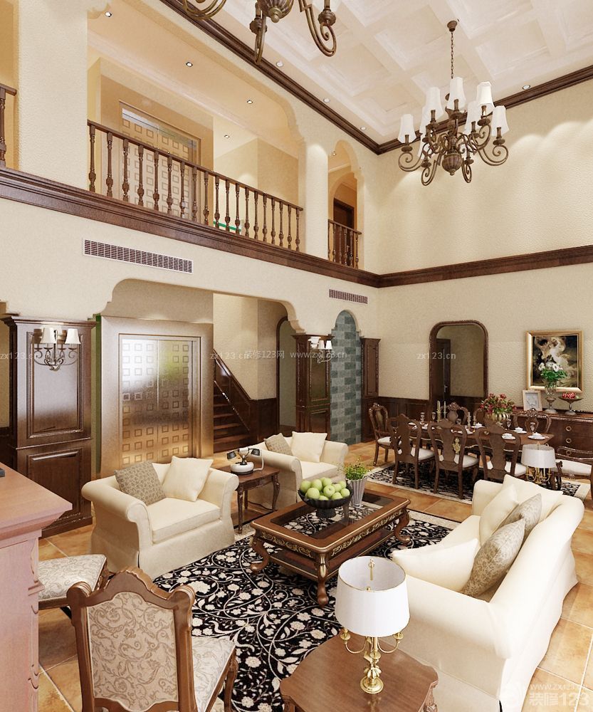 美式复式楼室内客厅装修与设计效果图片
