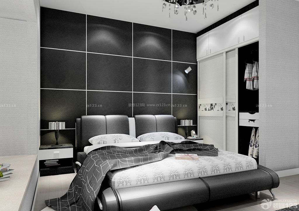 黑白室内卧室装潢卧室床头背景墙装修效果图 