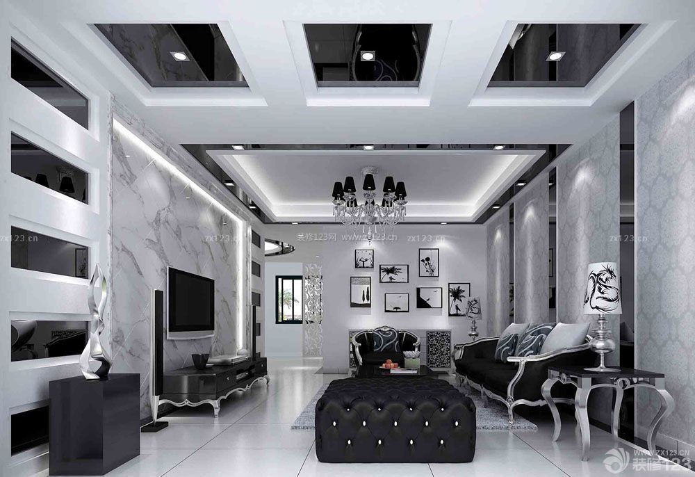 黑白欧式客厅室内装潢效果图