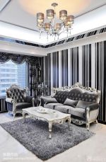 美式80平米新房黑白条纹壁纸客厅装修图片