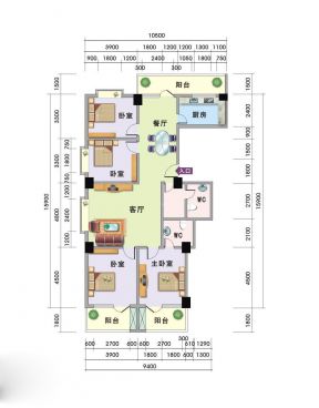 四房二廳房屋平面設計圖片