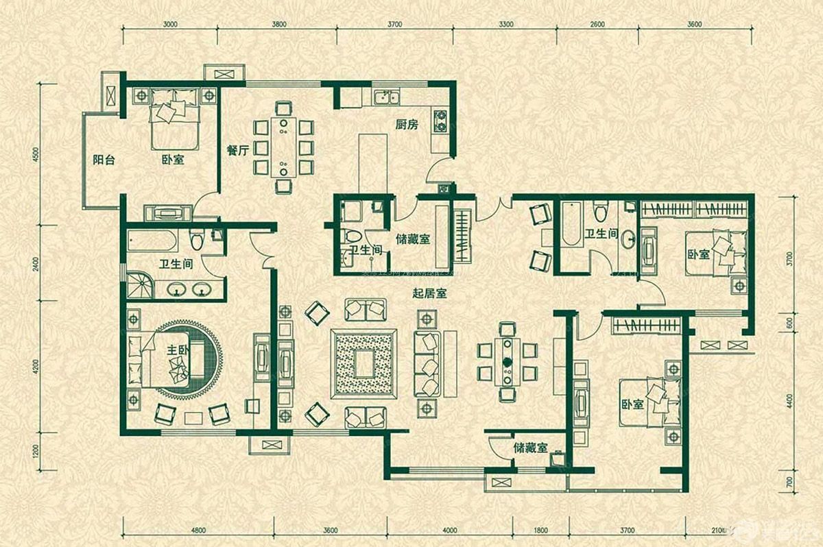 大戶型四室兩廳室內(nèi)平面圖設(shè)計(jì)