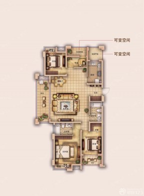 有可變空間四室兩廳室內(nèi)平面圖欣賞