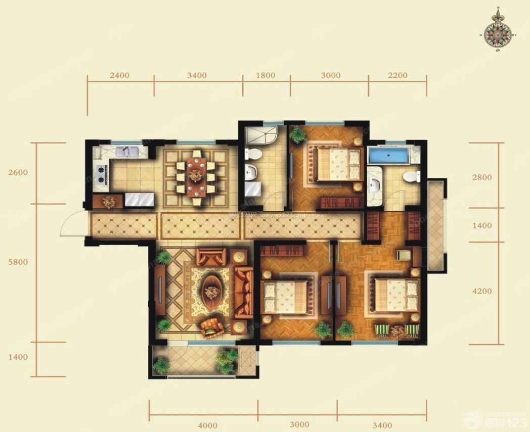经典三房两厅自建房屋设计平面图