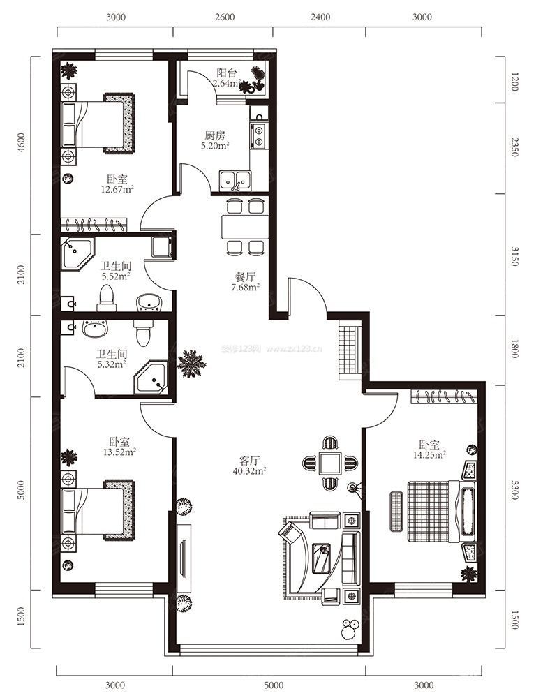 2015房屋设计图三室一厅大客厅设计