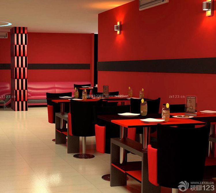现代90平方米餐馆红色墙面装修效果图片