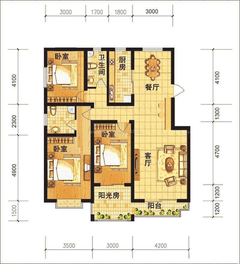 100多平三房两厅户型图设计