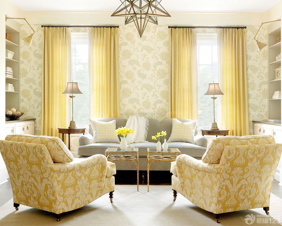100平米三居室黄色窗帘装修效果图片