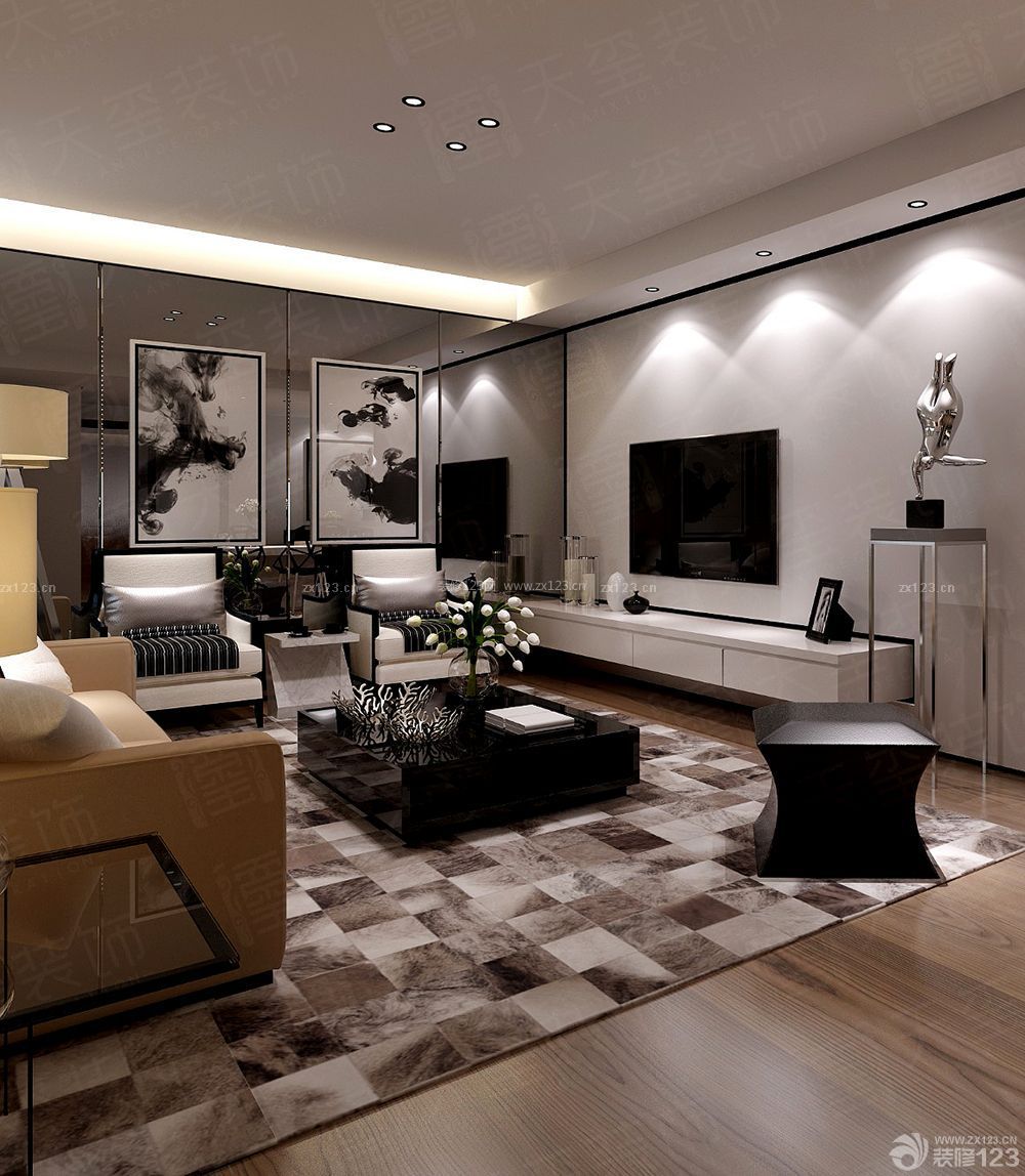 欧式黑白风格90平小三居客厅装修效果图